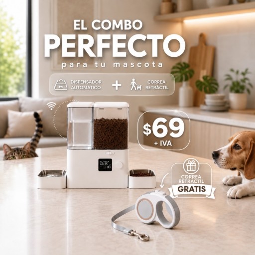 Dispensador de comida para mascotas + Correa Retráctil