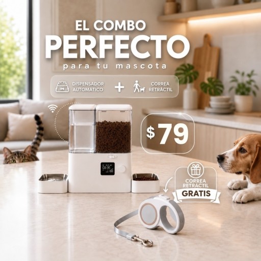 Dispensador de comida para mascotas + Correa Retráctil