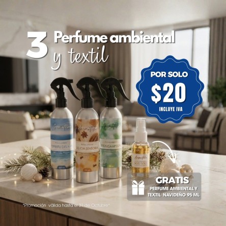 3 perfumes ambientales y textiles 250ml + 1 perfume navideño 95ml GRATIS.